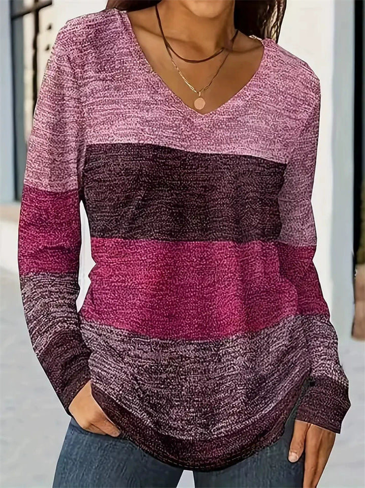 T-shirts décontractés à manches longues et col en V de couleur contrastante pour femmes taille plus