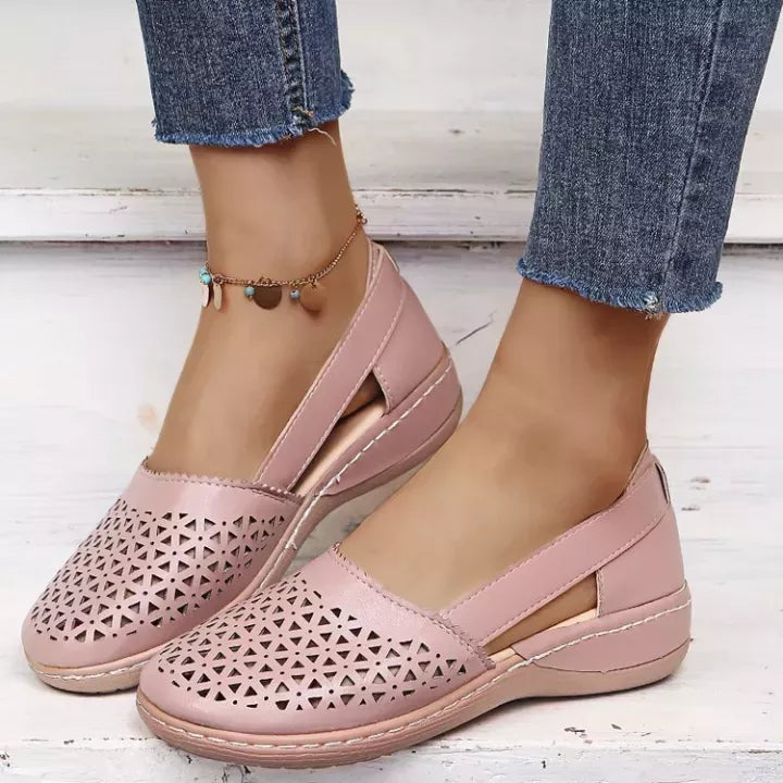 Sandales compensées orthopédiques évidées en PU de style vintage pour femme