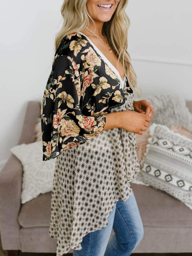 Damen Kimono mit Blumenmuster, Rüschenärmel, zum Binden, fließend, Boho, locker, als Überwurf