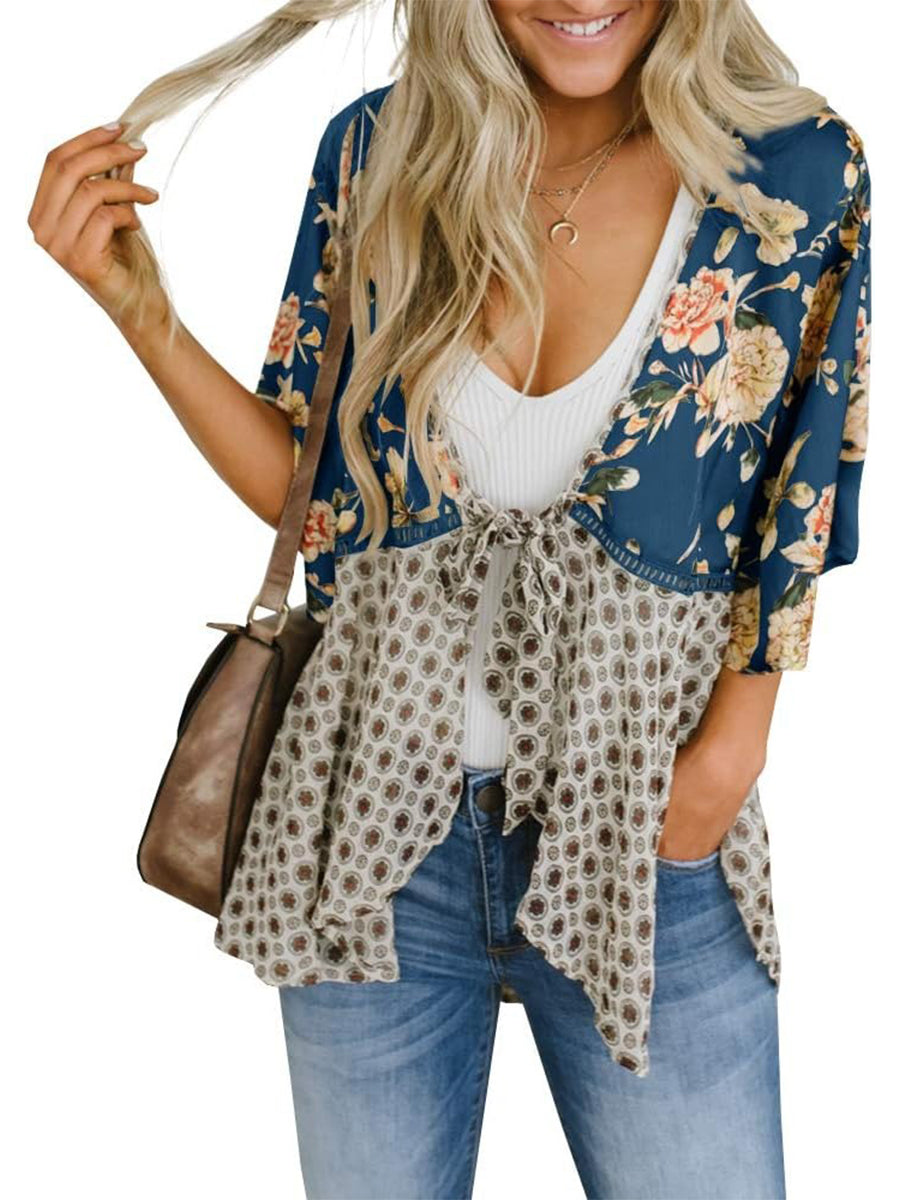 Damen Kimono mit Blumenmuster, Rüschenärmel, zum Binden, fließend, Boho, locker, als Überwurf