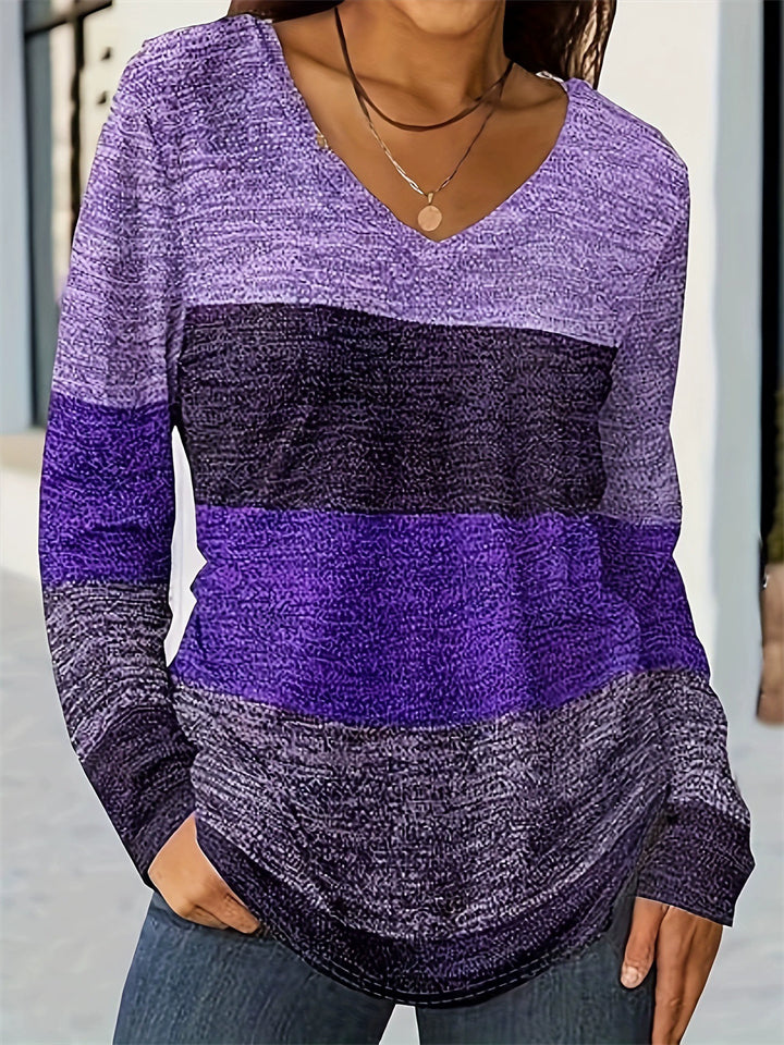 T-shirts décontractés à manches longues et col en V de couleur contrastante pour femmes taille plus