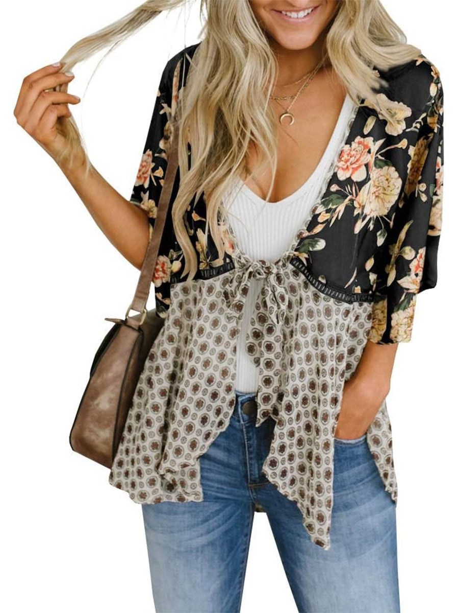 Damen Kimono mit Blumenmuster, Rüschenärmel, zum Binden, fließend, Boho, locker, als Überwurf