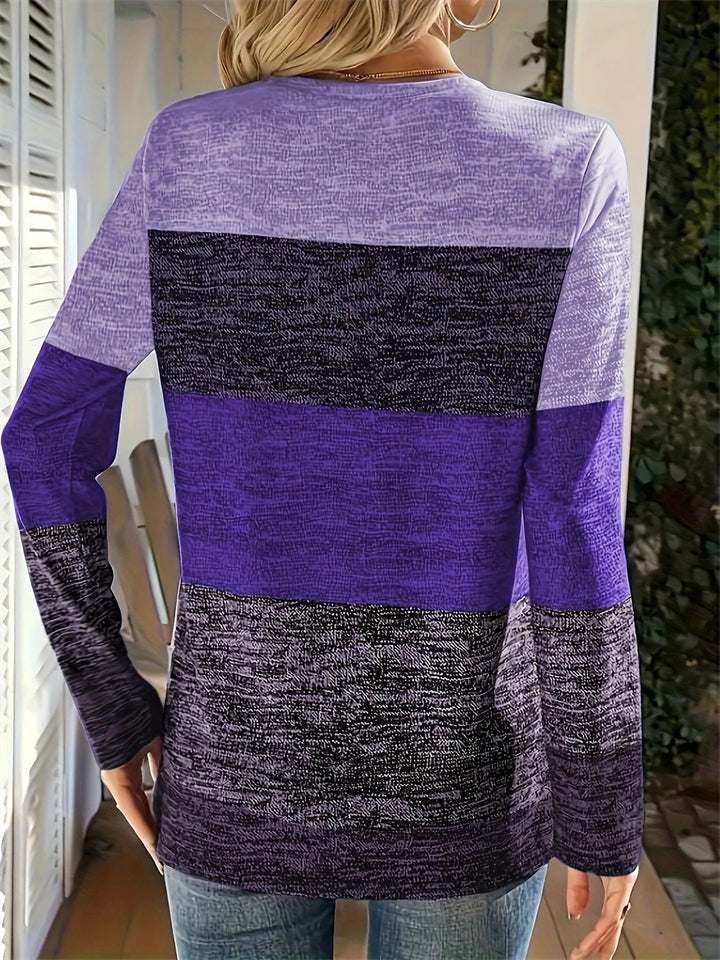 T-shirts décontractés à manches longues et col en V de couleur contrastante pour femmes taille plus