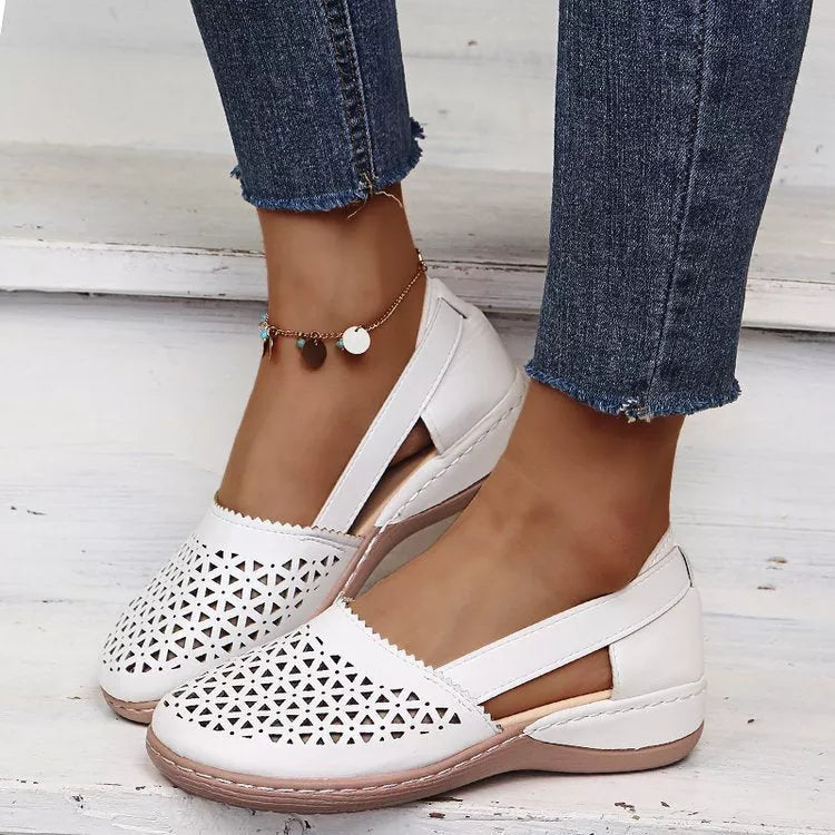 Sandales compensées orthopédiques évidées en PU de style vintage pour femme